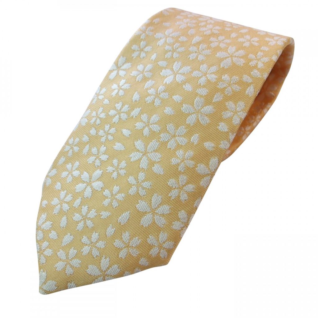 高級金襴布の ネクタイ 和柄 一本一本 ハンドメイド 日本製 （黄色桜） | 四季彩の店 一新堂